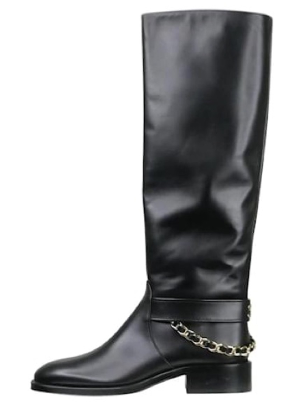 Chanel 
Sleek Black Over-the-Knee Boot with Gold Chain Accent